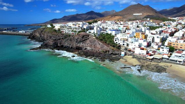 Fuerteventura Canary islands. aerial drone video of Morro Jable town and beautiful sandy beach. popular tourist resort