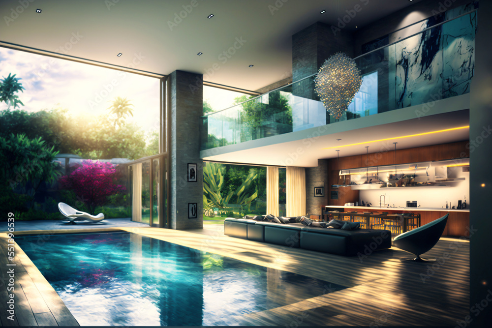 Wall mural luxury modern home interior design with swimming pool, fictional interior created with generative ai