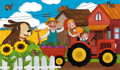 cartoon ranch scene with happy farmer family and dog illustration