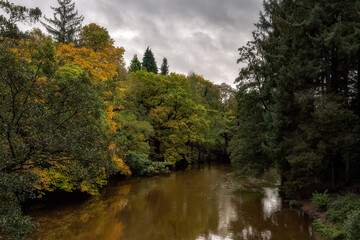 Walking along the river Derwent in autumn, Derbyshire, England