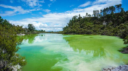 Green water of Lake Ngakoro in Taupo New Zealand