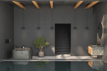 Modern dark bathroom with gray walls, concrete floor and comfortable basin with black faucet, drawer, oval mirror hanging on wall, plants, bathtub, pool and mountain view. 3d rendering