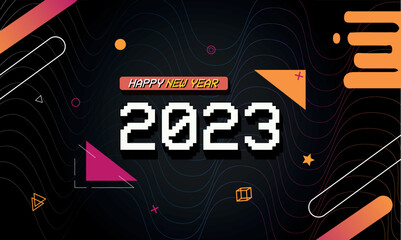 Happy new year 2023 template. Modern geek pixelated design