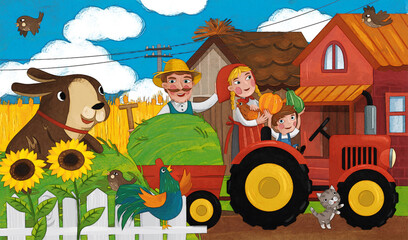 cartoon ranch scene with happy farmer family and dog illustration