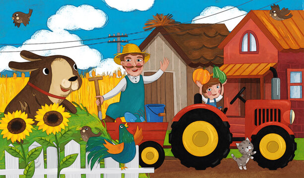 cartoon ranch scene with happy farmer family and dog illustration