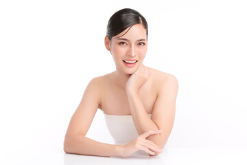 Beautiful young asian woman with clean fresh skin on white background, Face care, Facial treatment, Cosmetology, beauty and spa, Asian women portrait.