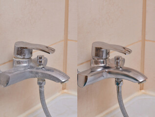 Compare image before- after cleaning with special detergent of the dirty stainless faucet cover...