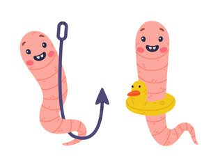 Funny Pink Worm Character with Long Tube Body on Hook and in Rubber Ring Vector Set