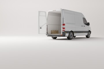 Commercial delivery white van with cardboard boxes on white background. Delivery order service company transportation box business background with van truck. 3d rendering, 3d illustration.