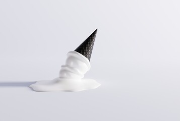 Fototapeta premium Melted ice cream in a black waffle on the ground and light background. The concept of eating ice cream, cooling down. Modern ice cream with a black waffle. 3D render; 3D illustration.