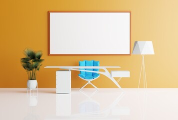 View of a modern office with an empty picture frame on a orange wall, background. Modern office furnishing concept, desk, plants and lamp. 3D render; 3D illustration.