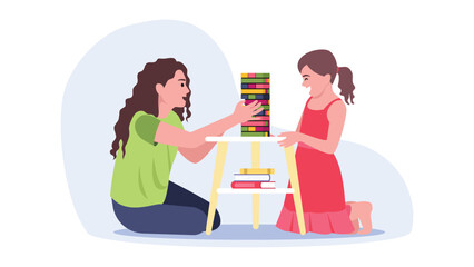 Vector illustration of playing games. Cartoon scene with mothers and daughters who play interesting games on white background.