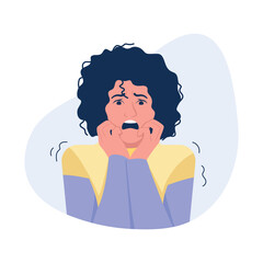 Vector illustration of being scared. Cartoon scene with a girl who was very frightened of something on white background. Horror movie.