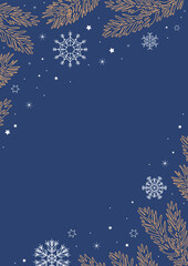 Christmas template, blue background with snowflakes and tree branches. Place your text or image. Winter frame.