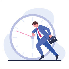 Vector illustration of being late. Cartoon scene with a man who is late for a business meeting and runs to it on white background.