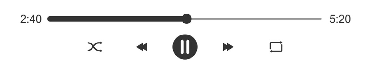 Audio or video player progress loading bar with time slider. Pause, shuffle, repeat, rewind and fast forward buttons. Template of mediaplayer playback panel interface. Vector graphic illustration