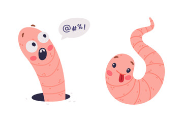 Funny Pink Worm Character with Long Tube Body Shouting with Fear and Showing Tongue Vector Set
