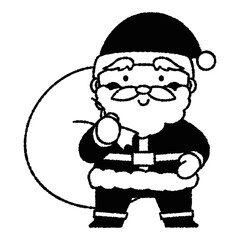 プレゼントが入った袋を持っているサンタクロースのイラスト（モノトーン）