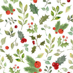 Watercolor floral Christmas seamless pattern with hand drawn watercolor holly branches, leaves and berries illustration. Repeat floral background for wrapping, packaging design or print.