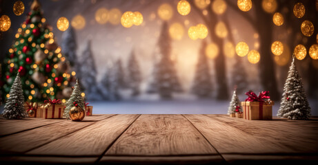 Fototapeta na wymiar Empty wood table top with blur Christmas tree with bokeh light background 