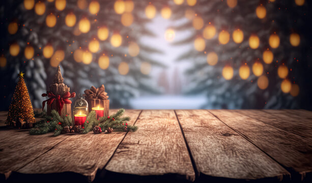 Empty wood table top with blur Christmas tree with bokeh light background	
