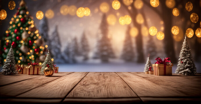 Empty Wood Table Top With Blur Christmas Tree With Bokeh Light Background	