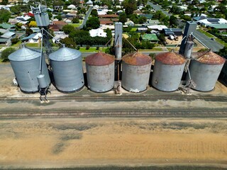 Bird's-eye view of aged grain storage silos