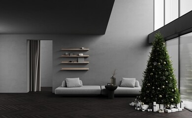Cozy christmas living room decorated big christmas pine tree, garlands, grey sofa, gifts under the tree, open wooden shelf with decor. Panoramic floor to ceiling windows. Christmas card. 3d render
