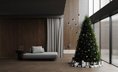 Cozy christmas living room decorated big christmas pine tree, garlands, grey sofa, gifts under the tree, natural oak acoustic slat wood panel on the wall.Hanging light. Two story hotel room. 3d render