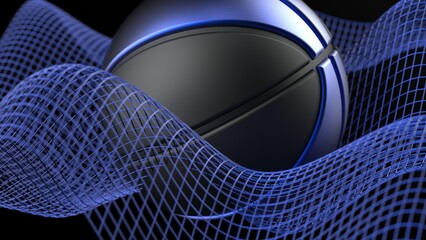 Black-blue basketball with blue mathematical geometric grid line wave under white-black background. Concept 3D CG of sports technology, strategic ideas and intellectual analysis of operations.