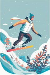 Fototapeta premium The colourful figure of a young man snowboarding on slope and jump with drops and sprays of snow, illustration