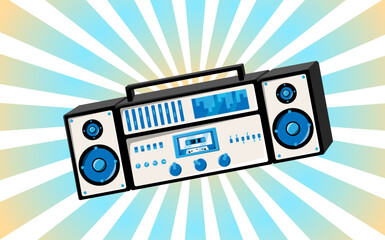 Fototapeta na wymiar Old retro vintage poster with music cassette tape recorder with magnetic tape babbin on reels and speakers from the 70s, 80s, 90s the background of the blue rays of the sun. Vector illustration