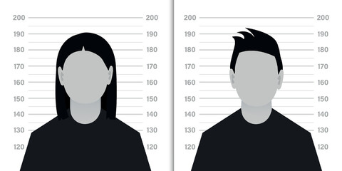 Front view of the suspect silhouette. Silhouette of anonymous man and woman with question mark on background of criminal record or police serial. vector illustration - obrazy, fototapety, plakaty