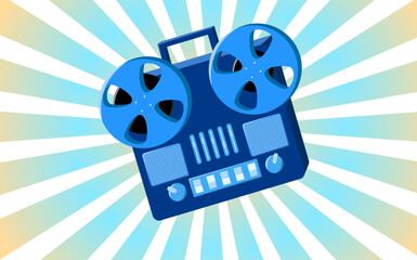 Old retro vintage poster with music cassette tape recorder with magnetic tape babbin on reels and speakers from the 70s, 80s, 90s the background of the blue rays of the sun. Vector illustration