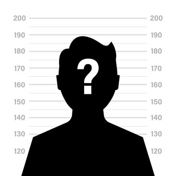 Front view of the suspect silhouette. Silhouette of anonymous man with question mark in background of criminal record or police serial. vector illustration