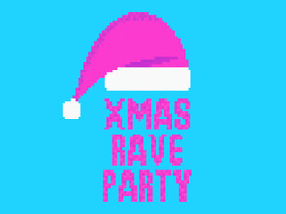 Xmas rave party. Pixel Santa hat and text on blue background. Merry Christmas rave party. Pixel art design for posters, banners and promotional products. Vector illustration