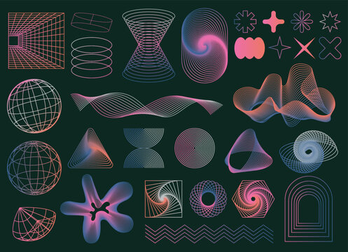 Set of Abstract geometric shapes trending futuristic line design elements, infographic shapes. Modern trendy retro futurism digital vaporwave