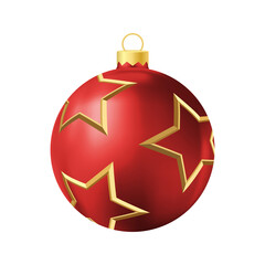 Red Christmas tree toy with golden stars Realistic color illustration