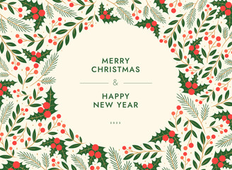 Merry Christmas artistic templates. Corporate Holiday card and invitation. Floral frame and background design. greeting card, poster, holiday cover, banner, flyer. Modern flat vector illustration.