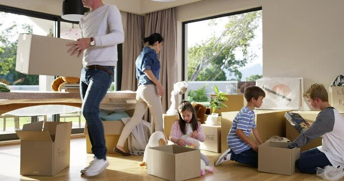 Family, box and property moving and real estate, new home and help unpack, living room and teamwork. New house, parents or children relocate, boxes or packing responsibility, moving in or family home