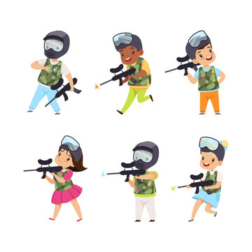 Little Boy and Girl Paintball Players Wearing Masks and Vests Aiming with Gun Vector Set
