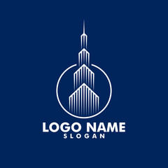 Golden tower building luxurious logo design template. Investment, skyscraper, business, company, and real estate logos with a simple line art style.