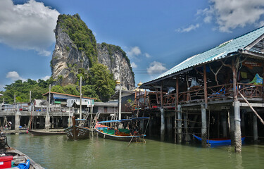 Fototapeta na wymiar Thailand on the island of Koh Panyee a small fishing village built on a rocky island.