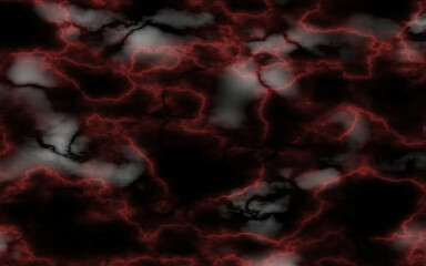 Black marble stone texture background. Abstract red electric lightning, thunderbolt strike and thunderstorm on black background.