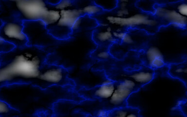 Black marble stone texture background. Abstract blue electric lightning, thunderbolt strike and thunderstorm on black background.