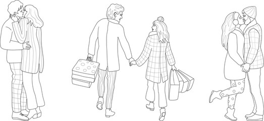 Happy romantic couples wearing warm clothes in simple line art style. Men and women in love, shopping, hugging and kissing. Colouring book style.