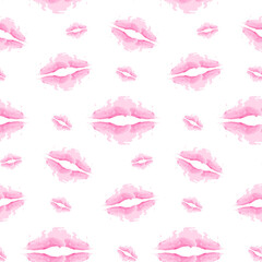 Seamless pattern abstract brush strokes in the shape of lips in trendy pink shades in watercolor
