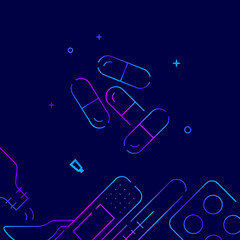 A few capsule pills gradient line vector icon, simple illustration on a dark blue background, medicine, treatment related bottom border.