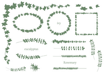 葉っぱのベクターイラストのフレームセット（シルエット、アイビー、ユーカリ、ローズマリー）