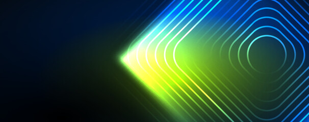 Neon glowing techno lines, hi-tech futuristic abstract background template. Vector illustration for wallpaper, banner, background, leaflet, catalog, cover, flyer